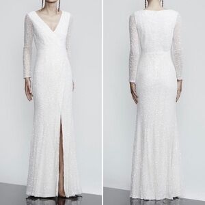 [New] Rachel Gilbert Paola White Sequin Bridal Wedding Gown V-Neck Wrap Dress